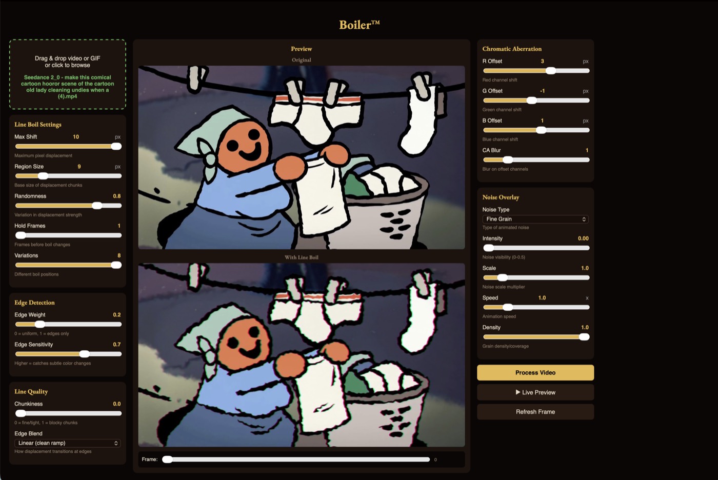 The Boiler window: preview on the left, line boil sliders on the right.